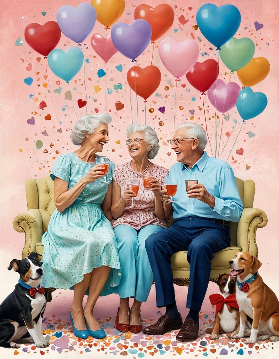 A whimsical collage depicting various humorous and touching love stories: a couple sharing a laugh over a spilled drink, playful animals exchanging heart-shaped gifts, and a heartwarming elderly couple reminiscing over old photographs. The background is filled with soft pastel colors and whimsical details like floating hearts and laughter bubbles. super-realistic. vibrant colors. joyful atmosphere.