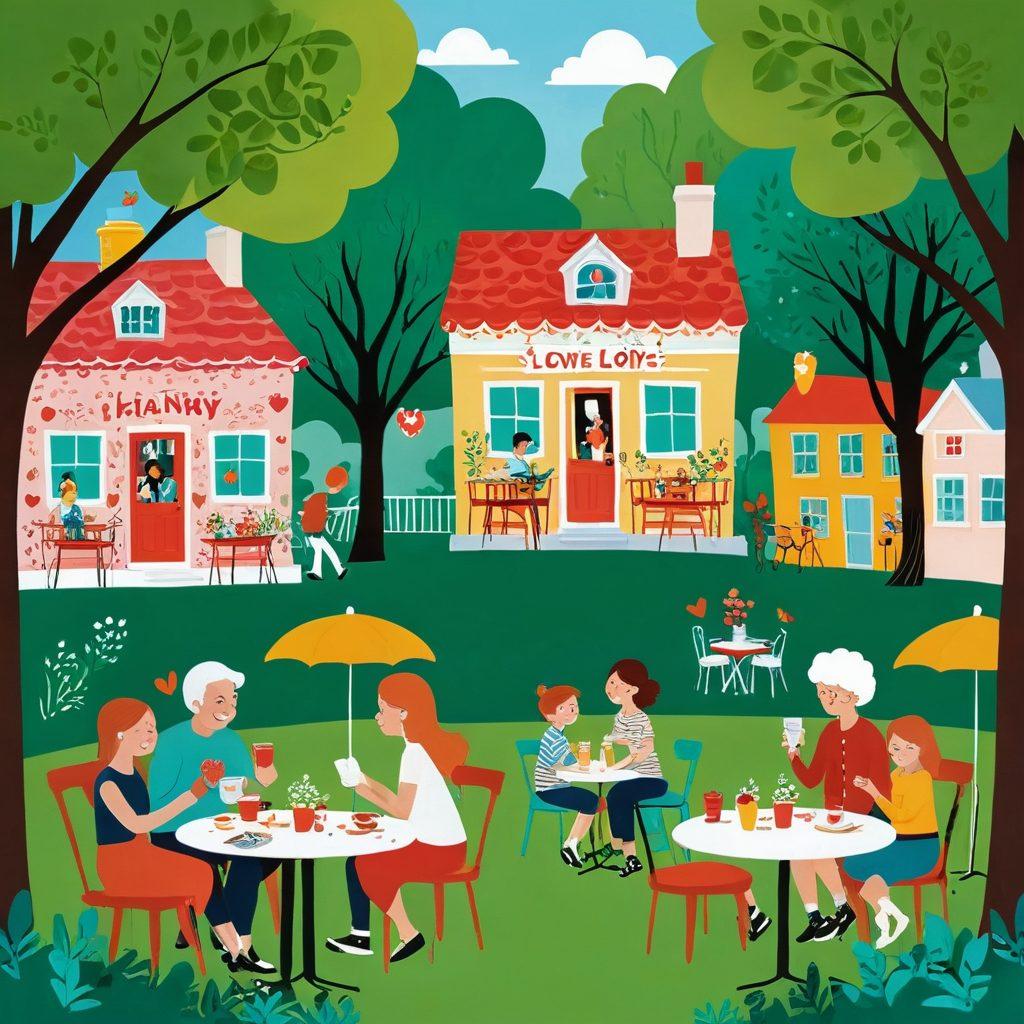 A whimsical and colorful illustration depicting a variety of couples sharing funny, heartwarming moments in different settings – a park with laughter, a café with playful surprises, and a cozy home filled with silliness. The characters should display exaggerated, joyful expressions, surrounded by playful heart motifs and humorous props like oversized love letters and quirky gifts. Vibrant colors. cartoon style. cheerful atmosphere.